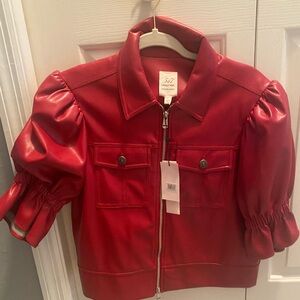 Cinq a Sept Red Puff Sleeve Jean Jacket